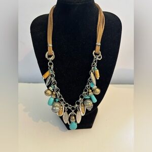 Bohemian Ruby Rd Necklace with Faux Turquoise and Silver Tone Chunky Charms Fun